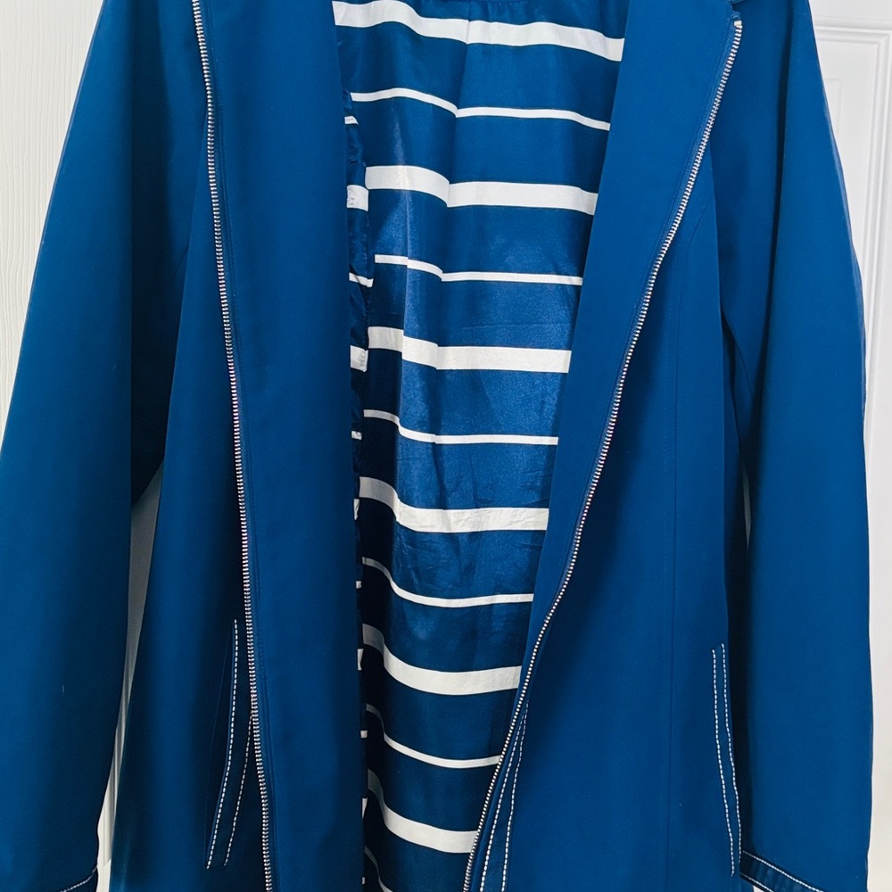 Dennis Basso Blue Raincoat with Striped Lining